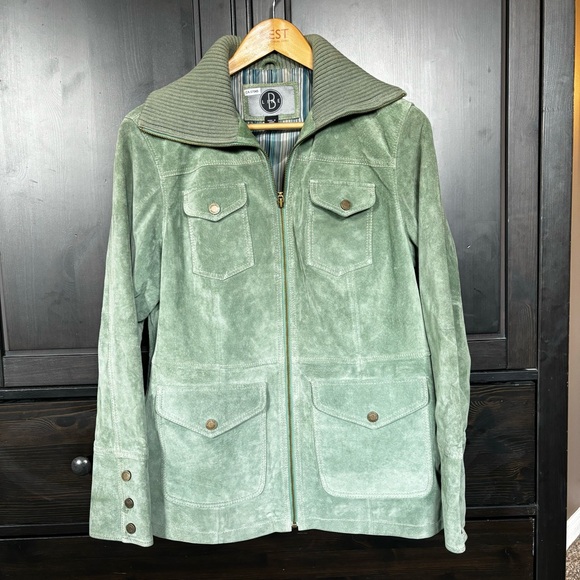 Bernardo Genuine Suede Leather Lined Jacket Zip Front w/ Pockets, Green, Medium - Picture 2 of 14